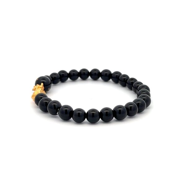 18K Gold Pixiu Piyao Bracelet Gemstones Onyx 6mm Elastic Bracelet Letter Y - Picture 3 of 6